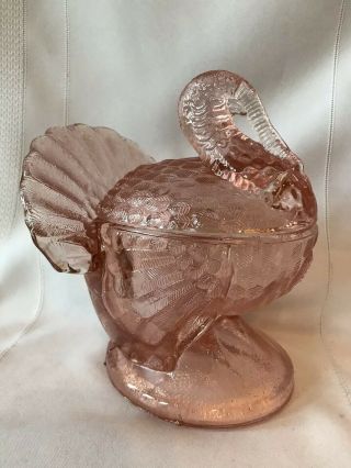 Vtg Le Smith Depression Glass Pink Turkey Covered Candy Dish Thanksgiving