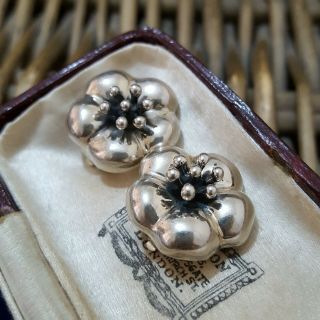 Vintage 925 Sterling Silver Clip - On Earrings,  Mexico,  Large Flowers