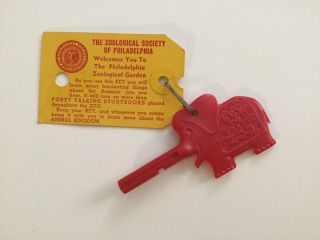 Vintage Philadelphia Zoo Key - Red Plastic Turnkey Elephant With Tag