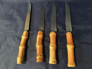4 Vintage Natural Tiki Bamboo Handle Dinner Knives Stainless