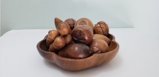 Vintage Dolphin Monkey Pod Carved Wood Fruit & Bowl 13 Piece Philippines