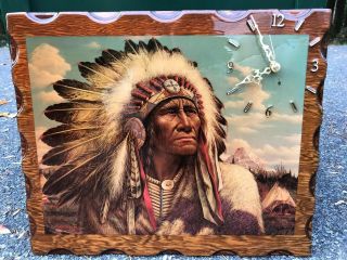 Vintage American Indian Picture Painting Print By A.  Roderiguez With A Clock
