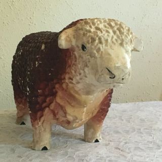 Vintage Plaster Chalkware Piggy Bank Curly Hereford Steer Bull 2