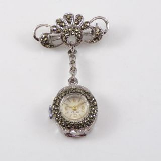 Vintage Sterling Silver Marcasite Dangle Watch Clock Pin Brooch Lfb3 Roger