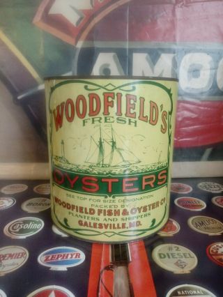 Vintage Oyster Tin Can Woodfields.  1 Gallon