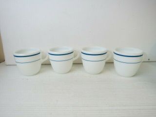 Set Of 4 Vintage Pyrex Tableware 723 Milk Glass Cups Blue Stripes 5144c