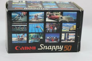 Vintage 1982 Canon Snappy 50 Camera 35MM 3.  5 Fully Automatic With Flash & 2