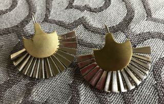Vintage Laton Sterling Silver & Brass Fan Earrings Taxco Mexico
