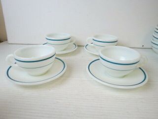 Set Of 4 Vintage Pyrex Tableware 701 Milk Glass Cups Saucer Blue Stripes 5142c