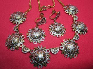 Vintage Spanish Damascene Flower Necklace Set With Screw Back Earrings 15.  5 "