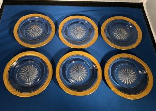 6 Small Vintage Plates 5” Gold Painted Rim Clear Cut Glass Star Pattern Gorgeous