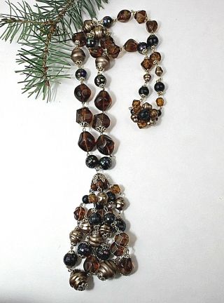 Vintage Beaded Necklace Tassel Pendant Brown Glass Lucite Ab Beads West.  Germany