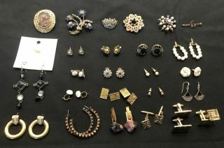 Vintage Costume Jewelry Selection Earrings,  Brooches,  Cuff - Links,  25 Items