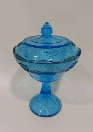 Vtg Indiana? Aqua Blue Harvest Grape Glass Footed Compote Candy Bowl Dish W/lid