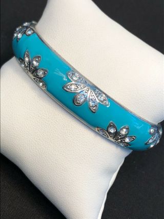 Vintage Turquoise Blue Enameled Silver Rhinestone Hinged Cuff Bracelet