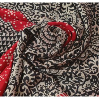 Sanskriti Vintage Black Saree 100 Pure Crepe Silk Printed Fabric 5Yd Craft Sari 4
