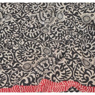 Sanskriti Vintage Black Saree 100 Pure Crepe Silk Printed Fabric 5Yd Craft Sari 5