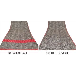 Sanskriti Vintage Black Saree 100 Pure Crepe Silk Printed Fabric 5Yd Craft Sari 7
