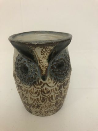 Vintage 1960s Owl Pencil Cup Vanity Retro Pottery Base Collectible Blue & Brown 2