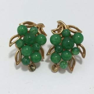 Vintage Crown Trifari Jade Gold Tone Fruit Salad Clip On Earrings Costume Jewelr