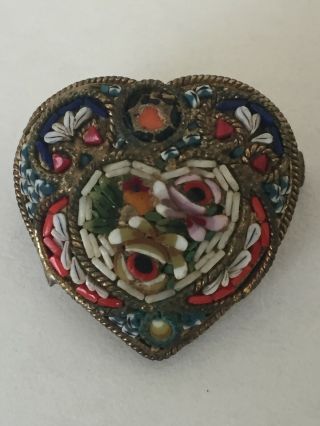 Vintage Micro Mosaic Micromosaic Gold Tone 1 " Heart Pin Brooch (a1)