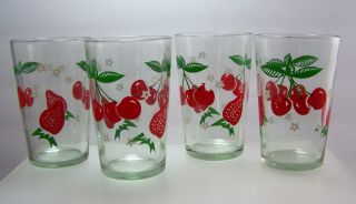 4 Vtg.  Mid Century Kitsch Drinking Glasses With Enameled Red Cherries & Berries