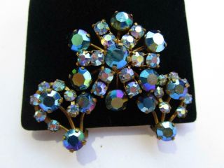 Vintage Austria Blue Aurora Borealis Rhinestone Brooch Earrings Set