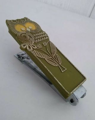 Vintage Owl Mini Stapler Japan Made Green Gold Accent Retro Office Collectible