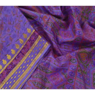 Sanskriti Vintage Blue Saree Pure Silk Printed Zari Border Sari Craft Fabric