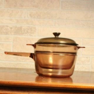 Vtg Corning Ware Vision Amber Double Boiler With 1.  5 L Saucepan Made In France