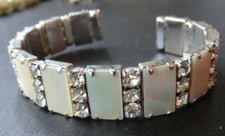 Vintage 1950s Mother Of Pearl Clear Rhinestone Cuff Bangle Bracelet - 47