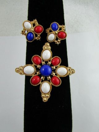 Vintage Sarah Coventry Red White & Blue Lucite Gold Tone Pin Brooch Earring Set