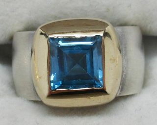 Vintage Solid 14k Gold & Sterling Silver Chunky Swiss Blue Topaz Ring - Gorgeous