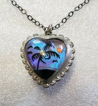 Vintage Butterfly Wing Art Heart Pendant Sterling Necklace Two - Sided