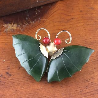 Vintage Dark Green Jade Red Coral Eyes Butterfly Pin Brooch Pendant Silver Tone