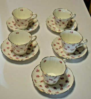 Vtg 10 Piece Royal Albert Pin Roses Bone China Tea Set Tea Cups & Saucers