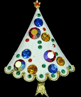 Vintage Weiss White Enamel Christmas Tree Brooch Pin Multi Color Rhinestones