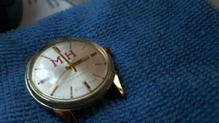 Vintage Bulova Mens Gold Tone Letterman Watch.  Mechanical Wind.  Runs,  Keeps Time