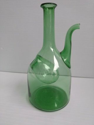Vintage Hand Blown Green Glass Wine Chiller Decanter 13 " With Ice Chamber