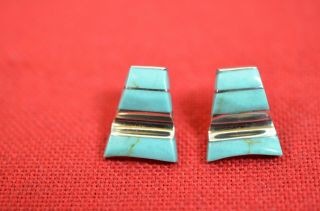 Vintage Sterling Silver Turquoise Inlay Earrings Modernist Stripe Signed 1820