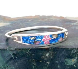 Mexican Bracelet Alpaca Silver Abalone Shell Inlay 6 - 5/8 " Vintage Blue Stone G13