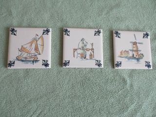 (3) Vintage Klm Business Class Delft Blue Ceramic Tile Coasters Euc