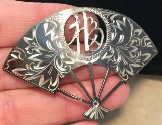 Vintage Jewellery Art Deco Silver Etched Fan Brooch With Chinese Character