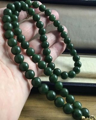 VINTAGE REAL DEEP GREEN CHINESE JADE BEAD NECKLACE 3