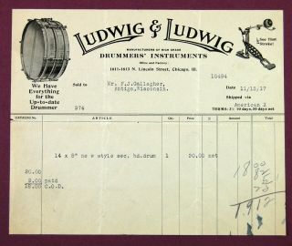 1917 Ludwig & Ludwig Drum Receipt Invoice - Snare Drum Vintage