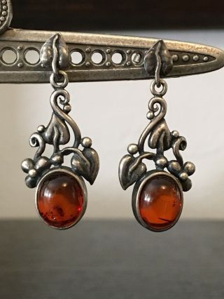 Vintage Art Nouveau Maple Amber Sterling Silver Dangle Flower Vine Post Earrings