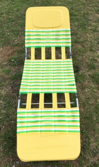 Vintage Folding Chaise Lounge Patio Beach Lawn Vinyl Tube Chair Yellow Green