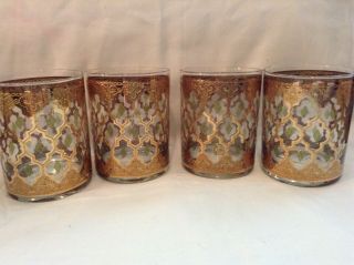 Vtg.  Signed Culver Valencia 22k Gold With Green Diamond Lowball Whiskey Glasses