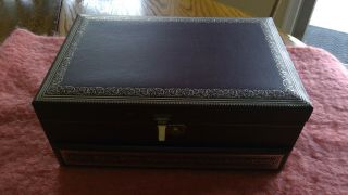 Vintage Large Brown Leatherette Covered Jewelry Box Red Crushed Velvet Key