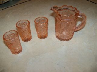 Vintage Childs Hocking Miniature Pink Glass Peacock Water Set Pitcher 3 Glasses